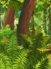 cartoon summer scene with deep forest - nobody on scene - illustration for children