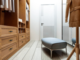 Narrow coat closet, brown closet
