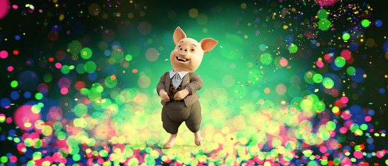 Happy cartoon pig on colorful blurred lights background,as 2019 is the year of the pig this image can fits your ideas,3d illustration