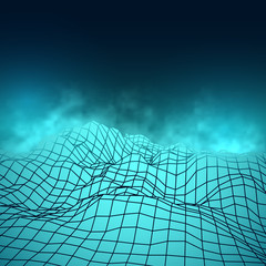 Futuristic abstract vector mesh misty mountains. Cyberspace grid landscape in blue colors