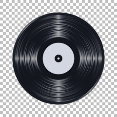 Gramophone black vinyl LP record template isolated on checkered background. Vector illustration