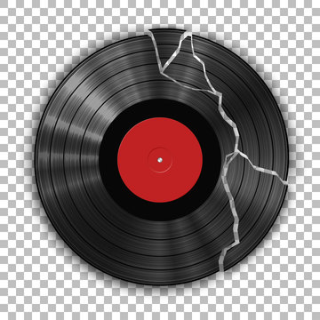 Gramophone broken vinyl LP record template isolated on checkered background. Vector illustration