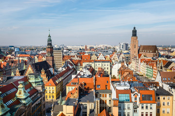 Fototapeta na wymiar panoramic view of the old city of Wroclaw in Poland, bird eye view of colorful roofs of old town