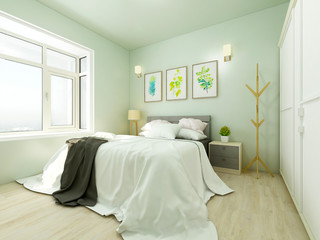 Light green cozy bedroom and bay window next to it