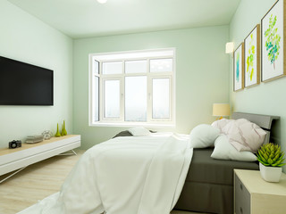 Fototapeta na wymiar Elegant family I design, big bed with white wardrobe, and TV