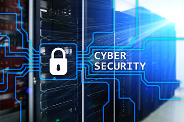 Cyber security, information privacy and data protection concept on server room background.