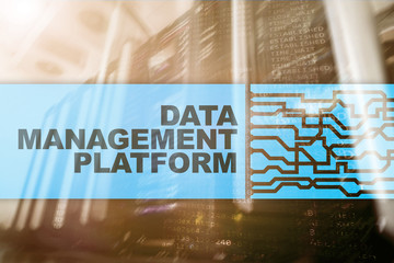 Data management and analysis platform concept on server room background.