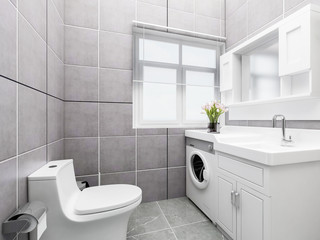 Modern family bathroom design with toilet, washing machine, shower and mirror
