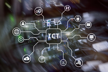 ICT - information and communications technology concept on server room background.