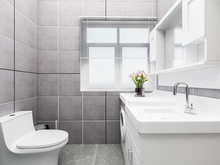 Clean bathroom with washing machine, mirror and window, toilet, etc.