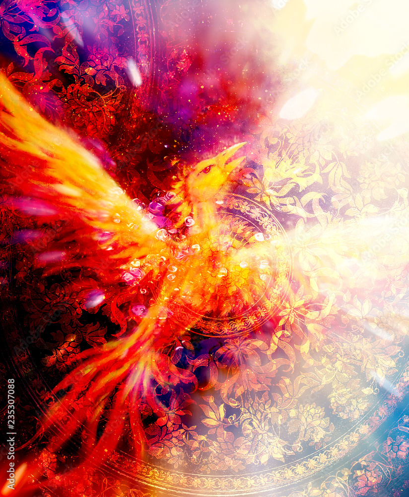 Poster flying phoenix bird as symbol of rebirth and new beginning and ancient ornament in background.