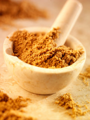 CORIANDER POWDER IN PESTLE AND MORTAR