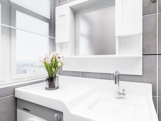 Modern family bathroom design with toilet, washing machine, shower and mirror