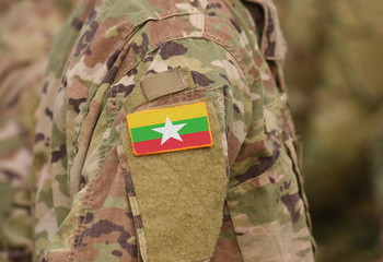 Myanmar and also known as Burma flag on soldiers arm (collage).