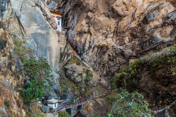 Taktshang Goemba (Tiger's Nest Monastery), the most famous Monastery in Bhutan, in a mountain cliff.