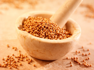 MUSTARD SEEDS IN PESTLE AND MORTAR