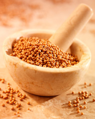 MUSTARD SEEDS IN PESTLE AND MORTAR