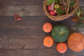 Cute still life of pumpkins, sea buckthorn and baskets of apples on a wooden table, top view. Nice medicinal berries grow on bushes. Medicinal and ornamental plant.