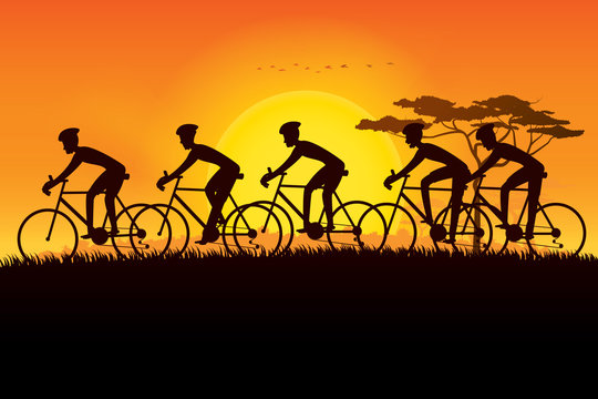 Group of cyclist riding on the meadows and plains with scenery of sunset on the horizon over the mountain landscape. Vector illustration of cycling sport concept
