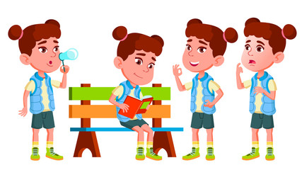 Girl Kindergarten Kid Poses Set Vector. Little Children. Happiness Enjoyment. For Web, Brochure, Poster Design. Isolated Cartoon Illustration