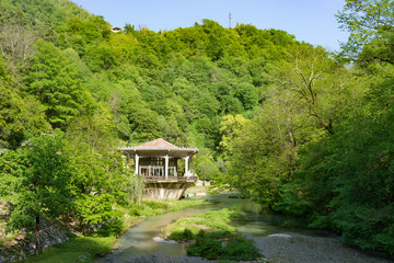 Landscape with a ruined and abandoned train station.