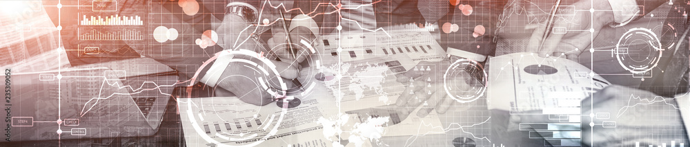 Wall mural business digital interface with graphs, charts, icons and timeline on blurred background. website he