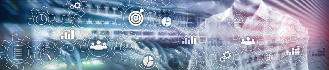 Business process abstract diagram with gears and icons. Workflow and automation technology concept. Website header banner.