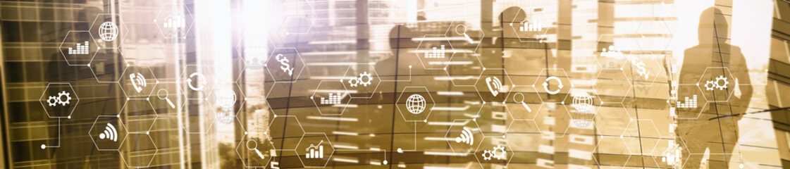 Double exposure mixed media. Diagrams and icons on hologram screen. Business people and modern city on background. Website header banner.