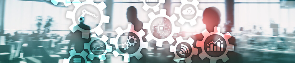 Automation technology and smart industry concept on blurred abstract background. Gears and icons....