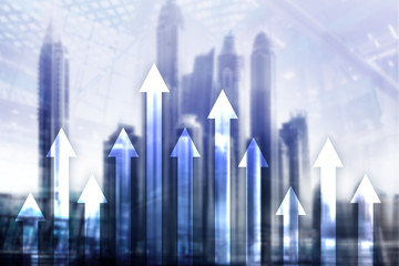 Up arrow graph on skyscraper background. Invesment and financial growth concept.
