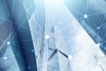 Blockchain network on blurred skyscrapers background. Financial technology and communication concept.