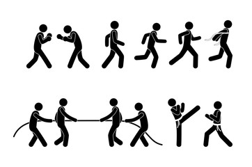 sports, pictograms set, stick figure man, icon people compete, wrestling, boxing, running and karate