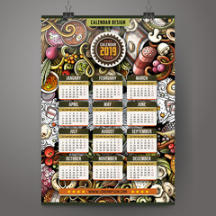 Cartoon colorful hand drawn doodles Russian food 2019 year calendar template.