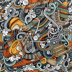 Winter sports hand drawn doodles seamless pattern. Ski resort ba