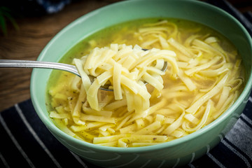 Broth - chicken soup in a bowl.