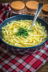 Broth - chicken soup in a bowl.