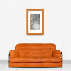 Upholstered furniture in Home interior - Divan sofa in front and Painting picture in a frame of white wall