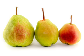 Three pears isolated on white background. Green, yellow-green and red colors.