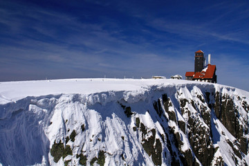 Snow cornice and escarpment in winter in Krkonose mountains called Snezne jamy