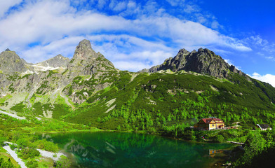 Zelene pleso lake in Tatra mountains on a sunny day, Slovakia