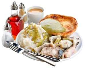 PIE, MASH AND EELS WITH PARSLEY LIQUOR SAUCE CUT OUT