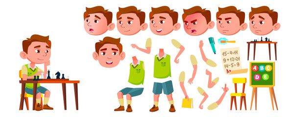 Boy Kindergarten Kid Vector. Animation Creation Set. Face Emotions, Gestures. Caucasian Child Expression. Activity. For Web, Poster, Booklet Design. Animated. Isolated Cartoon Illustration