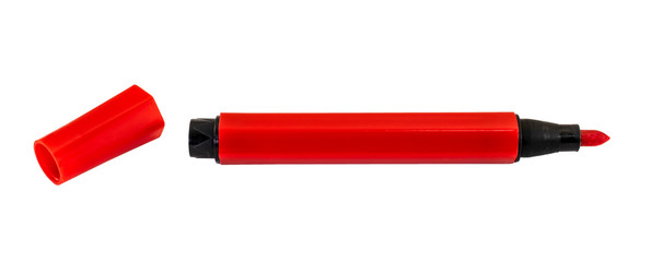 Red marker pen isolated on white background. Highlighter pen. - obrazy, fototapety, plakaty