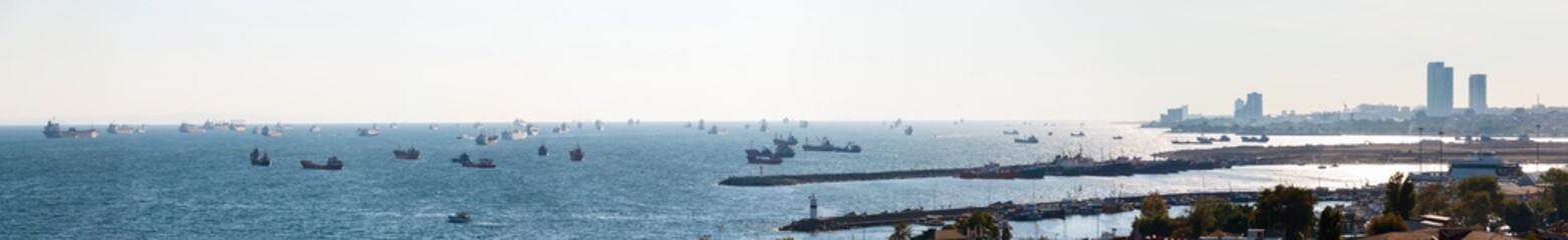 Sea of Marmara and the entrance to the Bosphorus, the queue of the ships at the passage through the strait.