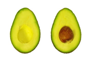 Two slices of avocado isolated on the white background, healthy lifestyle