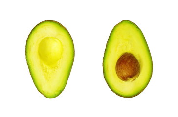 Two slices of avocado isolated on the white background, healthy lifestyle
