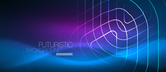 Neon glowing techno lines, hi-tech futuristic abstract background template with geometric shapes
