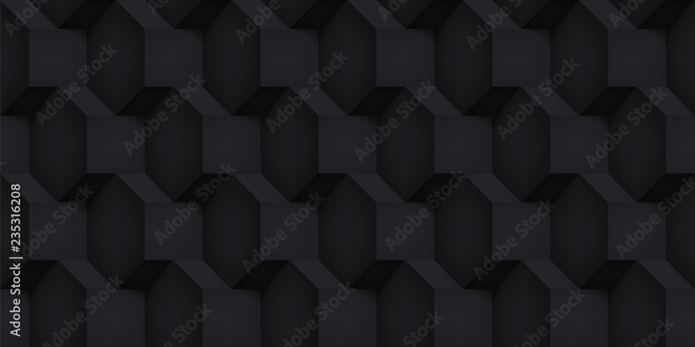 Poster volume realistic vector cubes texture, black geometric seamless pattern, design dark background for 