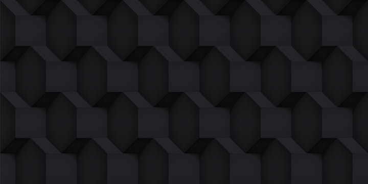 Volume realistic vector cubes texture, black geometric seamless pattern, design dark background for you projects 