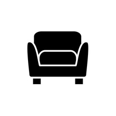 Black & white vector illustration of comfortable soft armchair. Flat icon of arm chair seat. Upholstery furniture for living room & bedroom. Isolated object